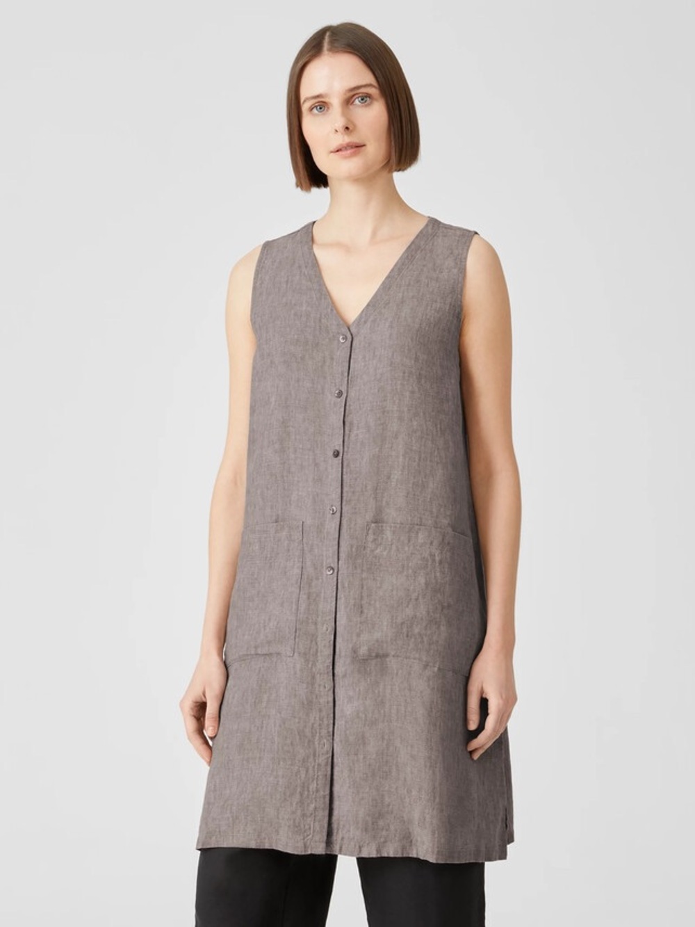 Eileen Fisher Organic Linen Delave V-Neck Button Tunic Top Dress L Large